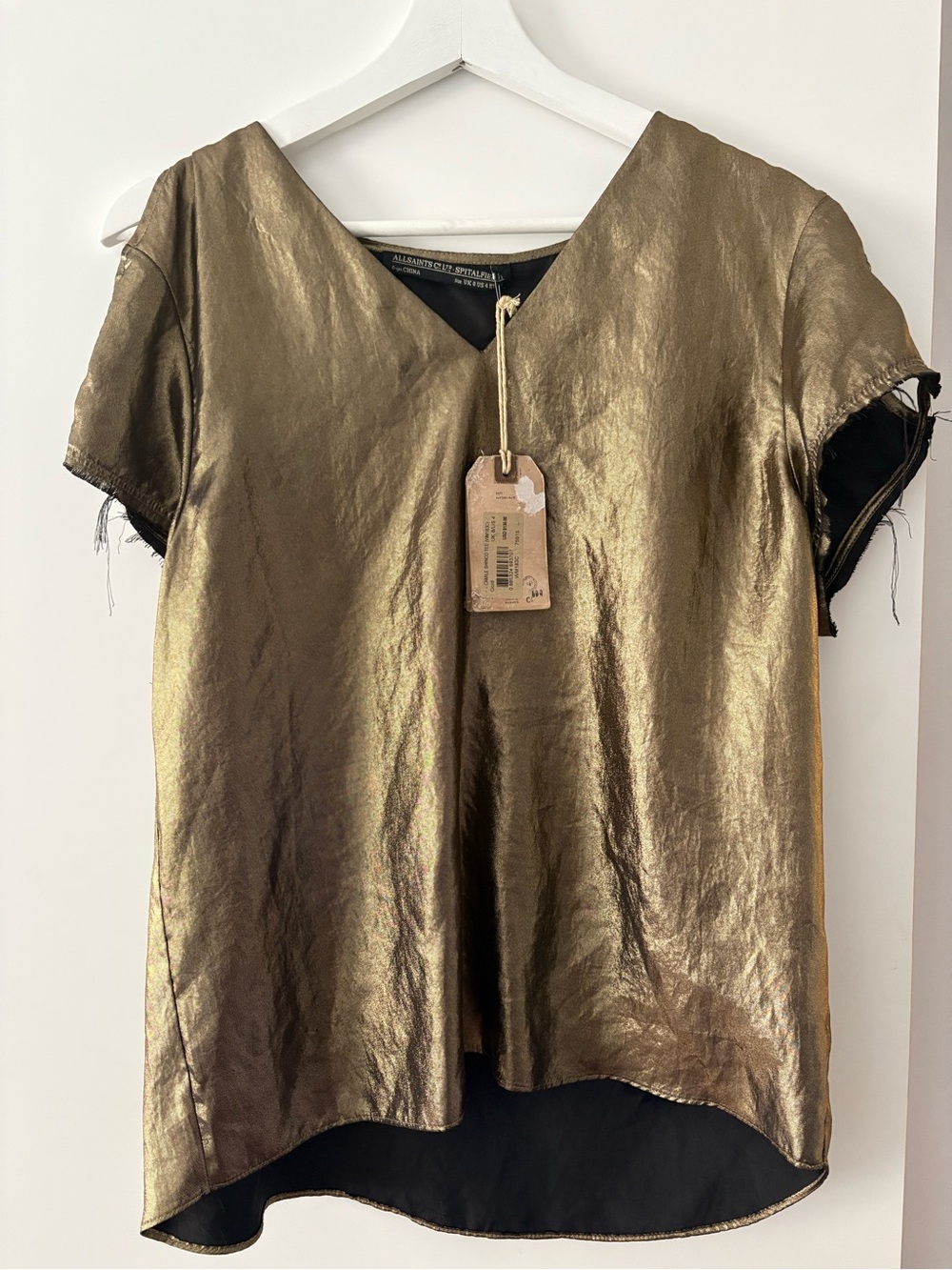AllSaints Metallic Bronze V-Neck Short Sleeve Top
